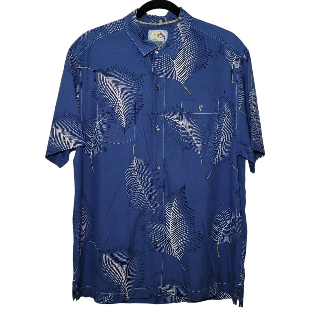Tommy Bahama Mens 100% Silk Palm Leaf Print Button Up Shirt Blue Large Resort